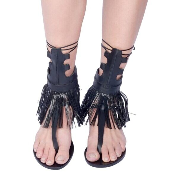 Marios Schwab Rihanna Black Ancient Greek Gladiator Sandals Fringe Womens 36 - Picture 2 of 7